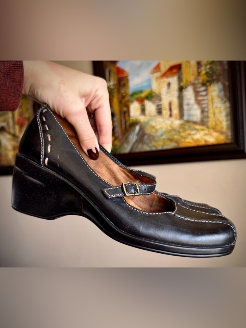 Vintage Leather Black Contrast Stitching Mary Jane’s 7